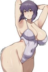 1girls alternate_background alternate_version_available armpits arms_behind_head big_breasts blush breasts female female_only ghost_in_the_shell ghost_in_the_shell_stand_alone_complex hair harutoyumaarts hips huge_breasts kusanagi_motoko motion_lines purple_hair red_eyes simple_background solo solo_female sweat sweatdrop swimsuit swimwear thick_thighs thighs white_background white_swimsuit wide_hips