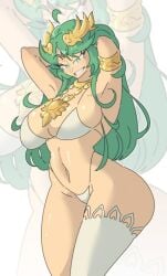 1girls alternate_costume bimbo breasts cleavage female female_only green_eyes green_hair huge_breasts kid_icarus leedraw11 nintendo palutena smile solo voluptuous white_skin