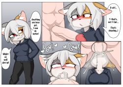 2d anthro arcanis_(hahaluckyme) blush confident cum_in_mouth dialogue female heart human_on_anthro instant_loss instant_loss_2koma npc5554 oral size_difference sweat