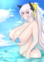 1girls beach blue_sky blush breasts bursting_breasts cleavage dragon_girl dragon_horns fate/grand_order fate_(series) female fujou_joshi hair_ribbon huge_breasts kiyohime_(fate/grand_order) kiyohime_(swimsuit_lancer)_(fate) long_hair looking_at_viewer ocean ponytail red_eyes solo swimsuit thick_thighs tied_hair wet white_hair