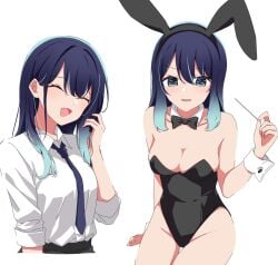 1girls bare_arms bare_legs bare_shoulders bare_thighs black_bow black_bunny_ears black_bunnygirl_costume black_bunnysuit blue_eyes blue_hair blue_tie blush blush blush_lines bow breasts breasts bunny_ears bunny_girl bunnysuit cleavage closed_eyes closed_eyes collar collarbone dot_nose female female_focus female_only fingers groin hair_between_eyes hair_on_shoulder hair_on_shoulders high_resolution highres hourglass_figure kurokawa_akane kusana_(kusana47454281) legs light_skin long_hair looking_at_viewer medium_breasts multicolored_hair multiple_outfits multiple_views open_mouth oshi_no_ko rabbit_ears shoulders simple_background sitting slender_body slender_waist slim_girl slim_waist smile smiling smiling_at_viewer solo stroking_hair student teenager thick_thighs thighs thin_waist tie upper_body v-line white_background white_collar white_wrist_cuffs wrist_cuffs