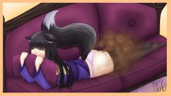 1girls ass black_hair black_tail blush closed_eyes couch fart fart_cloud fart_fetish farting female female_focus female_only fox_ears fox_girl fox_tail lilac_panties long_hair on_couch panties_under_pantyhose pantyhose pantyhose_down pillow pixiv raki991 tsuki_(raki991)