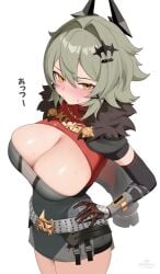 :/ belt black_horns black_shirt blush breasts caesar_king caesar_king_(zenless_zone_zero) cleavage cowboy_shot elbow_gloves female from_above fur-trimmed_jacket fur_trim gloves green_hair grey_belt hair_intakes hand_on_own_hip highres horns jacket large_breasts looking_at_viewer pantheon_eve shirt short_hair simple_background solo sweat sweatdrop white_background yellow_eyes zenless_zone_zero