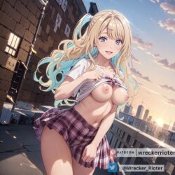 ai_generated blonde_female blonde_hair blonde_hair blue_eyes blush breasts breasts_out keikenzumi_na_kimi_to,_keiken_zero_na_ore_ga,_otsukiai_suru_hanashi school_uniform schoolgirl shirakawa_runa stable_diffusion standing wrecker_rioter