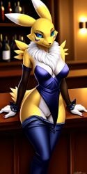 2024 ai_generated anthro bar bartender blue_clothing blue_eyes digimon digimon_(species) exposed_pussy female female_only fox furry innie_pussy looking_at_viewer on_bar_counter pants_down renamon showing_pussy white_fur yellow_fur