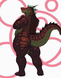 anthro ass backsack balls big_butt crocodile crocodilian crocodylid frill_(anatomy) genitals green_balls grizz_(croc) grizzledcroc hi_res male multicolored_body nude reptile scalie slightly_chubby solo standing teeth thick_thighs