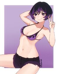 >:) armpits bikini black_hair blush breasts cleavage closed_mouth female hair_between_eyes kuronami616 looking_at_viewer multicolored_hair navel purple_eyes purple_hair reina_mishima short_hair shorts simple_background smile solo swimsuit tekken tekken_8 two-tone_hair v v-shaped_eyebrows white_background