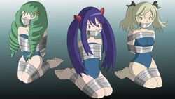 3girls angry angry_face barefoot blonde_hair blue_hair blue_swimsuit bondage bound_and_gagged damsel_in_distress elize_lutus fairy_tail fire_emblem flayn_(fire_emblem) gag gagged green_hair gregory-gid-did one-piece_swimsuit swimsuit tales_of_(series) tales_of_xillia tape_bondage tape_gag tied_up wendy_marvell