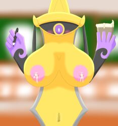 aegislash animate_inanimate anthro areolae barista big_breasts blush coffee coffee_cup daikonryu employee female hi_res huge_breasts iced_latte_with_breast_milk lactation nipples nude nude_female pen pokémon_(species) pokemon pussy solo starbucks sword tagme