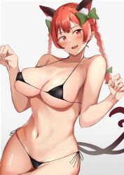 2_tails :d absurdres animal_ear_fluff animal_ears bikini black_bikini bow braid breasts cat_ears cat_tail covered_erect_nipples female green_bow hairbow highres kaenbyou_rin large_breasts looking_at_viewer micro_bikini multi_tail nagomian navel nekomata open_mouth paw_pose red_eyes red_hair rin_kaenbyou simple_background smile solo swimsuit tail touhou twin_braids white_background