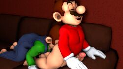 2boys 3d bottomless brown_hair closed_eyes clothing couch gay gloves incest indoors kneeling luigi male male/male male_only mario mario_(series) multiple_boys nintendo penis rimming sfm short_hair sofa source_filmmaker supaphreak toony yaoi