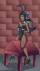 1girls ankle_cuffs arms_behind_back bare_legs bare_shoulders bare_thighs black_skin blue_eyes blue_hair bondage bowtie bunny_ears bunnysuit dark-skinned_female dungeon female female_only femsub gym_leader high_heels human nessa_(pokemon) nintendo nintendo_switch pokemon pokemon_ss riccardus97 rope_bondage sex_slave slave solo submissive_female wooden_horse