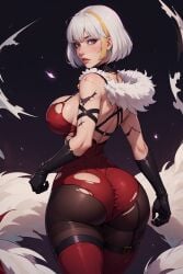 ai_generated ass code_vein eva_roux female large_breasts lipstick looking_at_viewer on_back pantyhose red_dress scars silver_hair solo solo_female thighhighs torn_clothes voluptuous_female