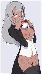 black_tie_(suit) breasts clothing exposed_breasts eyewear female fishnet fishnet_legwear furrgroup genitals glasses hi_res human janet_(trainer) legwear magician mammal nintendo nipples pokeball pokemon pokemon_trainer pussy round_glasses solo sourlemonade stockings suit