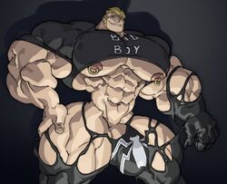 1boy abs biceps black_shirt blonde_hair blue_eyes bulge crop_top eddie_brock excessive_muscles flaccid goo hairy_armpits hand_on_hip huge_balls huge_cock huge_testicles human hyper hyper_balls hyper_genitalia hyper_muscles hyper_penis hyper_testicles light-skinned_male light_skin looking_at_viewer looking_down male male_focus male_only marvel marvel_comics muscular muscular_arms muscular_legs muscular_male muscular_thighs nipples pecs pierced_nipples piercing piercings remert shirt smile solo solo_male spider-man_(series) the_spectacular_spider-man thick_thighs tight_clothing underwear veins veiny_penis venom_(marvel)