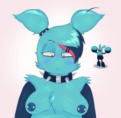 big_blue_bubble blue_fur costume emo msm my_singing_monsters nipple_piercing nipples pomily pompom_(my_singing_monsters) small_breasts spiked_collar tits_out twintails