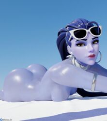 1girls 3d ass ass_up beach big_ass breasts cote_d'azur_widowmaker earrings female female_only nemesis_3d nude overwatch purple_skin solo solo_female sunglasses sunglasses_on_head thick_thighs thighs towel widowmaker