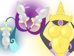 1_eye 4girls aegislash animate_inanimate belly big_belly big_breasts blush breasts cyclops daikonryu doublade female female_only front_view hi_res honedge humanoid looking_at_viewer metal metallic_body nipples pokémon_(species) pokemon pregnant pregnant_female pussy sword