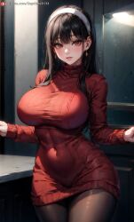 ai_generated big_breasts black_hair breasts curvaceous curvy curvy_body curvy_female curvy_figure dark_hair female female_only long_hair looking_at_viewer mature mature_female mature_woman milf pantyhose red_eyes snowbunny spy_x_family supr3metr sweater wide_hips yor_briar