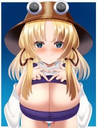 1girls alternate_breast_size blonde_hair blue_eyes cleavage female hair_ornament hat heart_symbol huge_breasts long_hair looking_at_viewer musi_tino panties smile smiling_at_viewer solo suwako_moriya touhou