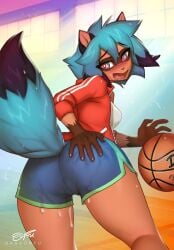 1girls ass_focus basket_ball blue_hair blush brand_new_animal breasts cum_in_ass cum_in_bottomwear cum_in_pussy cum_in_shorts cum_under_clothes cum_wearing dragonfu furry looking_back michiru_kagemori nails open_mouth solo solo_female tail tanuki thick_thighs thighs