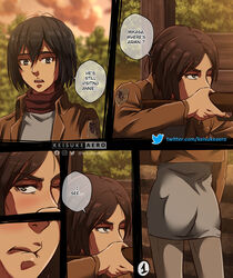 1boy 1boy1girl 1girls ass ass_focus attack_on_titan biting_lip black_eyes black_hair blush brown_hair clothing comic dialogue english_text eremika eren_jaeger female green_eyes gun holding_object keisuke_aero long_hair looking_at_ass looking_at_partner male mikasa_ackerman outdoors page_1 rifle shingeki_no_kyojin speech_bubble story straight talking text url web_address