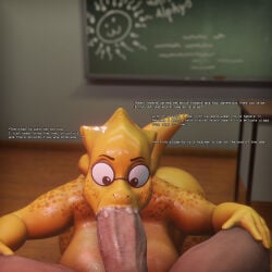 3d alphys alphys_(deltarune) anthro anthro_female blender blowjob classroom deltarune huge_ass huge_breasts inner_monologue mopflop saliva straight thick undertale undertale_(series) white_male yellow_skin