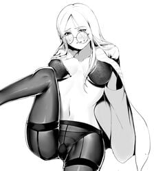 arms_behind_back black_panties bra cat_in_the_box coat crying crying_with_eyes_open girl_(cat_in_the_box) glasses legs_apart monochrome pantyhose stockings tears