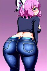 ai_generated belt blue_jeans blush busty creatures_(company) crop_top curvy female female_only from_behind game_freak headwear hi_res highres human jeans klara_(pokemon) midriff nintendo pink_hair pokemon pokemon_(game) pokemon_ss pokemon_trainer seraphim_ai smile solo stable_diffusion tight_jeans