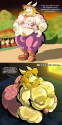 2_panel_comic absurd_res anthro asgore_dreemurr bed bedroom belly bodily_fluids bovid bulge caprine cellulite clothed clothing curvy_figure first_person_view furniture garden glistening glistening_body goat hairy hand_on_hip hi_res humanoid inviting_to_sex kneeling looking_at_viewer male male_only mammal montgomery_glands muscular musk navel outside overweight overweight_male possbooty solo sunset sweat sweatdrop undertale_(series)