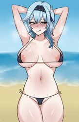 1girls arms_behind_head beach big_breasts bikini blue_hair blush breasts brown_eyes chihel eula_(genshin_impact) genshin_impact hair_ornament licking_lips looking_at_viewer partially_clothed sweat swimsuit