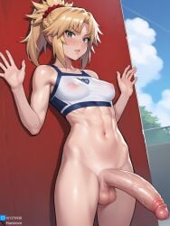 1girls abs against_wall ai_generated bangs bare_shoulders blonde blonde_futa blonde_hair blue_sky blush bottomless braid breasts cloud collarbone covered_nipples cowboy_shot day erection fate/grand_order fate_(series) french_braid futa_only futanari green_eyes hair_ornament hair_scrunchie hanirovn large_penis long_hair looking_at_viewer medium_breasts mordred_(fate) mordred_(fate/apocrypha) navel outdoors parted_lips penis ponytail red_scrunchie scrunchie see-through sidelocks sky small_breasted_futa small_breasts solo solo_futa sports_bra sweat testicles toned uncensored veins veiny_penis watermark