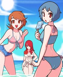 belly_button bikini bikini_bottom bikini_top blue_hair cleavage flower fuuka_yamagishi hair jean_shorts jeffmiga long_hair midriff mitsuru_kirijo navel orange_hair persona persona_3 popsicle red_eyes red_hair short_shorts shorts smile sweat sweatdrop water yamagishi_fuuka yukari_takeba