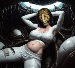 1girls ai_generated alien alien_(franchise) belly big_belly big_breasts brown_hair busty facehugger female human light-skinned_female light_skin pregnant unseen_female_face veltro01