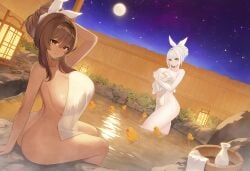 2girls ass blanc_(nikke) breasts brown_hair cleavage dark-skinned_female dark_skin goddess_of_victory:_nikke hot_spring large_breasts light-skinned_female light_skin noir_(nikke) orange_eyes sideboob sisters sitting thighs towel_only white_hair