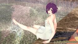 1girls 3d ass back bare_arms bare_back bare_legs bare_shoulders barefoot bernadetta_von_varley big_ass black_eyes blush breasts embarrassed female female_only fire_emblem fire_emblem:_three_houses from_above jollyoldsoldier leg_up legs looking_at_viewer looking_up naked_towel nintendo onsen outdoors playing purple_hair shocked short_hair shoulders sitting small_breasts solo splashing towel water