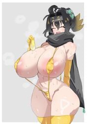 1girls akan_mori areolae arms_behind_back ass bikini black_hair blonde_hair blush cleavage closed_eyes condom condom_balloon curvy duel_monster female fringe gloves huge_ass konami large_breasts legwear looking_at_another multicolored_hair ninja open_mouth ponytail s:p_little_knight scarf side_view sling_bikini smile solo standing sweatdrop thighs voluptuous wide_hips younger_female yu-gi-oh! yu-gi-oh!_master_duel