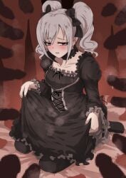 1girls 6+boys absurdres black_bow black_choker black_dress black_thighhighs blush bow breasts censored charybdo choker collarbone curly_hair dress ear_blush embarrassed female frilled_choker frilled_dress frilled_sleeves frills full-face_blush gangbang gothic_lolita gradient_background grey_hair group_sex hair_between_eyes hair_ornament hairbow highres huge_filesize idolmaster idolmaster_cinderella_girls kanzaki_ranko kneeling lolita_fashion medium_breasts mosaic_censoring multiple_boys multiple_penises parted_bangs parted_lips penis purple_nails red_eyes small_breasts steam surrounded_by_penises thighhighs tomawarinosuizou twintails