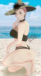 1girls ass beach bikini black_clover blush earring feet female female_only finger_on_lip green_eyes hat melaniedulce_14 pink_hair presenting sand see-through see-through_clothing side_view solo solo_female squatting thighs water watermark witch witch_hat witch_queen_(black_clover)