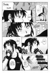 1boy 1girls age_difference azasuke big_penis black_lagoon blowjob boss_and_subordinate censored comic doujinshi duo dutch_(black_lagoon) english_text fellatio hotpants oral revy tank_top tattoo