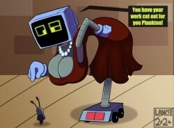 1boy 1girls bent_over big_breasts bigger_female canon_couple english_text karen_plankton mklancer00 necklace pearl_necklace red_dress robot robot_girl robotic_arm sheldon_j._plankton smaller_male spongebob_squarepants spongebob_squarepants_(series) tagme text text_box tv tv_head wheels