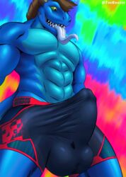 1boy 2021 abs animated anthro balls brown_hair bulge clothed clothing dragon erection erection_under_clothing genitals grakerrbraconc green_sclera grey_horn hair hi_res horn low-angle_view male male_only multicolored_body muscular muscular_male open_mouth penis reptile scalie short_playtime solo spikes teeth tenting throb throbbing throbbing_balls throbbing_penis tongue tongue_out two_tone_body underwear xanderg