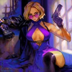 big_breasts blonde_hair boob_window cleavage crossed_legs female female_only fishnets megasawa nina_williams stockings tekken tekken_8 thick_thighs