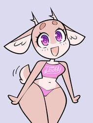 1girls 2021 2d animal_humanoid anthro anthrofied bare_shoulders beige_fur beige_skin belly belly_button big_ears bimbo_deer bra breasts cervid clothed clothing cute daddy daddy_kink deer deer_ears dizzy_eyes ears english_text eyebrows eyelashes fangdangler female female_only flushed hips horn horns humanoid inner_ear_fluff legs looking_at_viewer looking_to_the_side mammal mammal_humanoid multicolored_eyes navel open_mouth panties pink_bra pink_clothes pink_clothing pink_eyes purple_background purple_eyes shiny simple_background small_breasts smile smiling smiling_at_viewer solo solo_female standing tail text thick thick_thighs thighhighs thighs tongue topwear underwear wide_hips