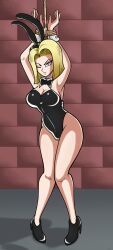 1girls 2d android_18 annoyed arms_above_head bare_legs bare_shoulders bare_thighs blonde_hair blue_eyes bondage bowtie bunny_ears bunnysuit dragon_ball_z dungeon femsub high_heels one_eye_closed riccardus97 rope_bondage sex_slave shueisha slave sole_female submissive_female