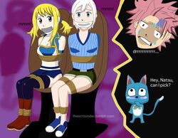 2boys 2girls bondage clothed clothed_female damsel_in_distress fairy_tail gag happy_(fairy_tail) kidnapped lisanna_strauss looking_at_viewer lucy_heartfilia natsu_dragneel peril rope_bondage sad_face tape_gag tied_up zoudai