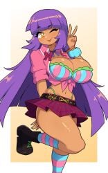 1girls :p bangs bent_leg big_breasts bra cleavage commission female female_only gyaru hi_res j5daigada long_hair looking_at_viewer miniskirt purple_hair sleeves_rolled_up smiling smiling_at_viewer solo standing_on_one_leg star-shaped_pupils tan_skin thick_thighs thong_straps v_sign wink winking_at_viewer yellow_eyes