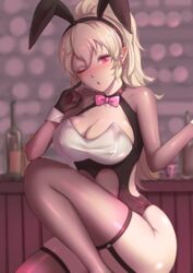 1girls alternate_costume bare_thighs big_breasts blonde_female blush bodystocking bunny_ears bunny_girl bunnysuit cleavage corrin_(fire_emblem) corrin_(fire_emblem)_(female) finger_to_face fire_emblem fire_emblem_fates garter_straps gloves jtaka large_breasts long_hair looking_at_viewer nintendo one_eye_closed pointy_ears ponytail red_eyes seductive solo solo_female thighhighs wink