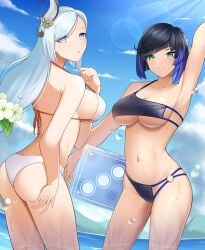 2girls ass big_breasts bikini bikini_bottom bikini_top blue_bikini bottomwear breasts cleavage dark_blue_hair dice female female_only genshin_impact green_eyes hair_ornament long_hair mature mature_female mature_woman mu_ra_ku_mi shenhe_(genshin_impact) short_hair sideboob swimwear topwear white_bikini white_eyes white_hair yelan_(genshin_impact)