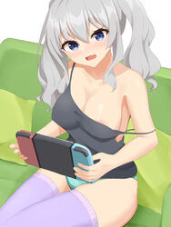 areola_slip areolae bangs bare_shoulders blue_eyes blue_panties blush bottomless breasts cleavage couch eyebrows_visible_through_hair eyelashes female grey_tank_top hair_between_eyes highres kantai_collection kashima_(kantai_collection) large_breasts long_hair looking_at_viewer nintendo_switch nipples_visible_through_clothing no_bra on_couch open_mouth panties playing_games purple_legwear shichini shiny shiny_clothes shiny_hair shiny_skin sideboob silver_hair simple_background sitting solo tank_top thighhighs thighs tongue twintails underwear wavy_hair wavy_mouth white_background